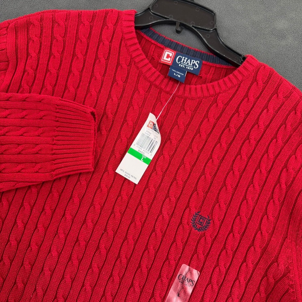 CHAPS Mens Large Red Cable Knit Sweater NWT Crewneck Pullover Cotton Classic L